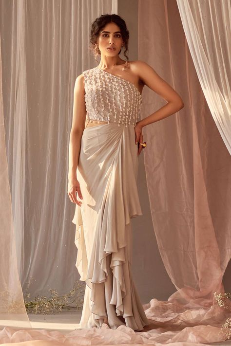 Shop for Nidhika Shekhar Grey Crepe Chamakte Sitaare Gown for Women Online at Aza Fashions Designer Indo Western Outfits For Women, Stylish Indo Western Outfits For Women, Draping Gown, Drape Sarees, Western Gown, Ruffled Gown, Draped Gown, Grey Drapes, Drape Gowns