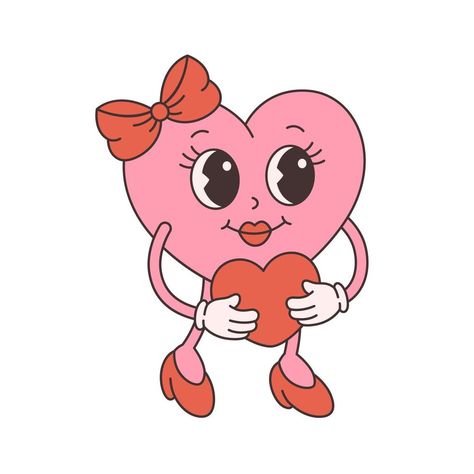 Trendy retro cartoon heart character. Groovy style, vintage, 70s 60s aesthetics. Valentines day. Cute Valentine’s Day Drawings, Baby Valentines Crafts, Valentines Day Clip Art, Spooky Valentines, February Aesthetic, Valentines Day Images Free, Valentine Icon, Kids Valentines Cards, Valentine Fairy