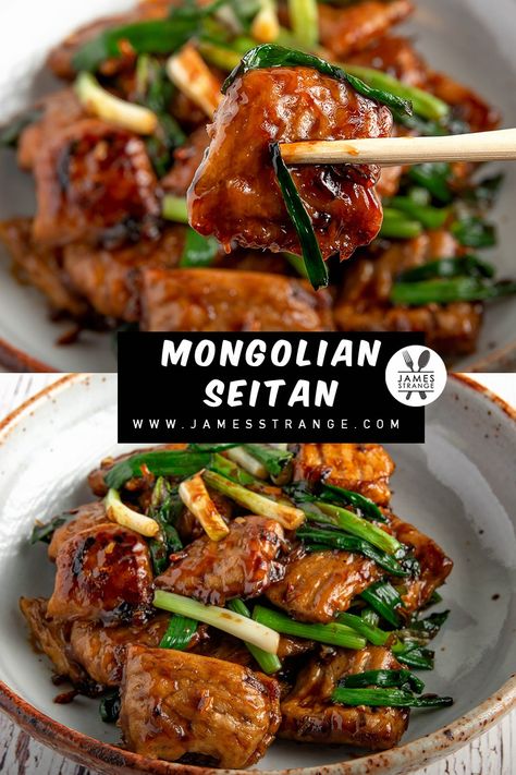 Mongolian Recipes, Seitan Recipe, Beef Chunks, Mongolian Beef Recipe, Vegan Meat Recipe, Vegan Seitan, Seitan Recipes, Mongolian Beef Recipes, Vegan Meat