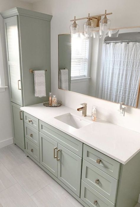 Green Cabinets Bathroom, Light Green Bathrooms, Bathroom Cabinet Colors, Green Bathroom Vanity, Bathroom Color Schemes, Bathroom Redesign, Bathroom Color, Bathroom Inspiration Decor, Upstairs Bathrooms