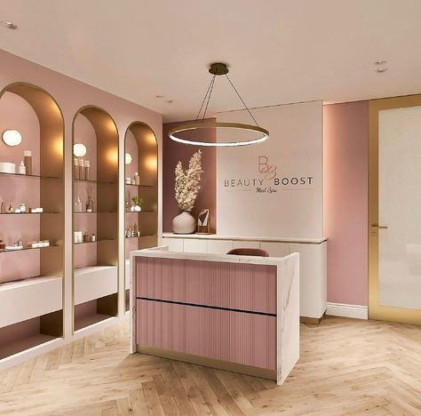 Using the repetition of soft shapes and a pop of pink in this salon design for a strong but feminine and graceful look.… | Instagram Garage Salon Ideas, Glam Hair Salon, Ideas Decoracion Salon, Beauty Cabin, Pink Salon, Angel Wings Decor, Hair Salon Design, Clothing Store Interior, Interior Columns