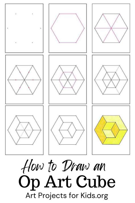 How To Draw Optical Illusions Step By Step, Op Art Tutorial, Op Art Lessons Step By Step, How To Draw A Cube, Easy Op Art Step By Step, Op Art Step By Step, Op Art Ideas, Easy Op Art, Op Art Projects