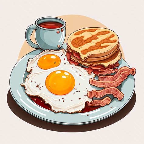 Breakfast Ideas Drawing, Classic American Breakfast, Breakfast Aesthetic Drawing, Breakfast Art Illustration, Eating Breakfast Drawing, American Breakfast Ideas, Breakfast Drawing Illustration, Breakfast Food Art Drawing, Breakfast Wallpaper