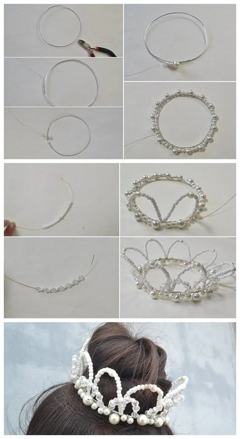 Beaded Crown Pattern, Beaded Crown Tutorial, Beaded Crown Diy, Wire Crown Diy, Diy Tiaras And Crowns, How To Make Crown, Cute Diy Hair Accessories, Diy Crowns, Beads Crown