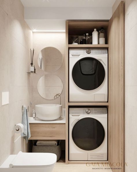 Gaia Miacola, Bathroom With Laundry, Tiny Bath, Laundry Room Shelves, Bathroom Redesign, Small Laundry Room, Small Bath, Small Laundry, Room Renovation