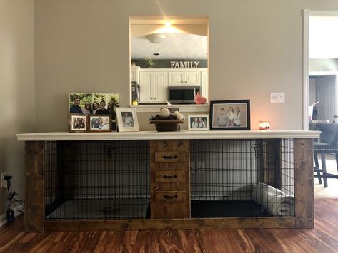 Crate Area For Dogs, Dog Crate Under Desk, Dog Room Design, Crate Side Table, Kennel Furniture, Double Dog Crate, Puppy Pens, Rental Friendly, Dog Bedroom