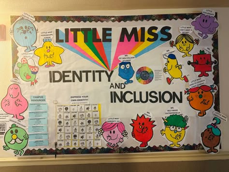 RA bulletin Board, featuring Mr. Men and Little Miss characters. Used to explain identity and inclusion topic, diversity and more! #bulletinboardideas #bulletin #RA #residential #Identity #inclusión #diversity #reslife Inclusivity Bulletin Board Ra, Student Affairs Office Decor, Ra Bulletin Boards Inclusion, Lgbtq Ra Bulletin Board, Inclusion Board Ideas, Ra Bulletin Boards Diversity, Diversity Events College, Ra Wall Decorations, Identity Ra Bulletin Board