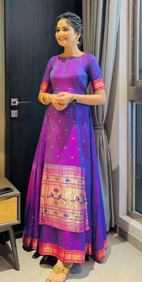 Paithani Saree Frock Design, Pattu Saree Anarkali Dress, Cowl Neck Kurti Designs, Gown Designs From Old Saree, Gaji Silk Bandhani Dress Pattern, Double Layer Long Frock, Dress With Pattu Saree, Kurta Design From Old Silk Saree, Outfit From Saree Scratch