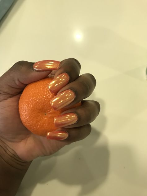 Golden Orange Nails, Natural Metallic Nails, Orange Metallic Nails, Burnt Orange Chrome Nails, Orange Chrome Nails Designs, Chrome Nails Orange, Chrome Orange Nails, Chrome Nails Aesthetic, Orange Chrome Nails