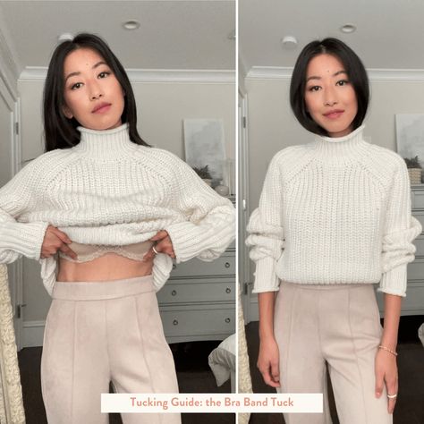 How To Tuck Long Sweater, Tucking Sweater Into Skirt, How To Tuck In A Sweater, Tuck A Sweater, Sweater Hacks, Turtleneck Sweater Outfit, Fall And Winter Outfits, Bulky Sweaters, Ny Outfits