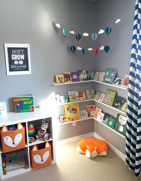 Nursery Shelf Decoration Ideas Living Room, Infant Room Ideas At Home, Book Placement Ideas, Toddler Animal Room, Baby Play Room Ideas Boy, Nursery For Two Under Two, Toddler Boy Montessori Bedroom, Nursery Library Ideas, Toddler Boy Small Bedroom Ideas