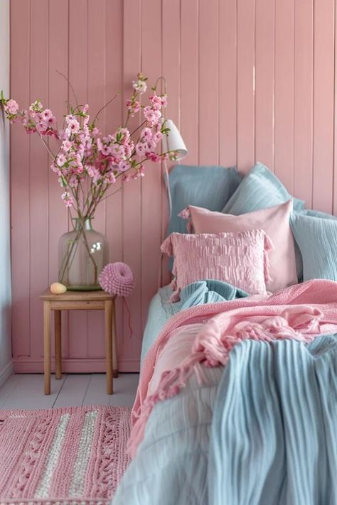 Charming Pink and Blue Bedroom Ideas for You Dusty Pink And Blue Bedroom, Pink And Blue Interior, Blue And Pink Room, Blue Teen Bedrooms, Powder Blue Bedroom, Pink And Blue Nursery, Pink And Blue Bedroom Ideas, Pink And Blue Bedroom, Pink Wallpaper Bedroom