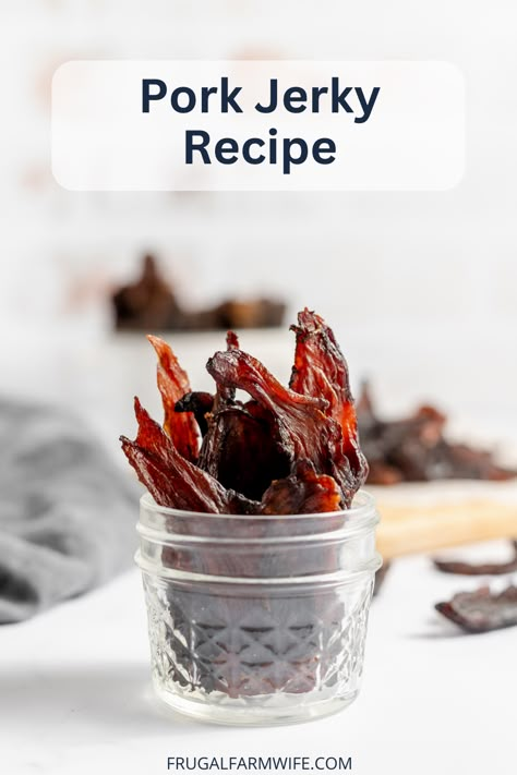 Pork Jerky Recipe - The Frugal Farm Wife Air Fryer Pork Jerky, Ground Pork Jerky Recipes, Pork Belly Jerky, Pork Jerky Recipe Smokers, Ham Jerky Recipes, Pork Jerky Recipe Dehydrator, Pork Loin Jerky Recipe, Pork Jerky Recipe, Smoker Jerky