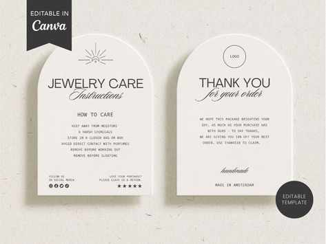 Editable Jewelry Care Card Template With Business Thank You Card, Printable Jewellery Care Card Insert, Minimalist Care Card, Add Your Logo - Etsy #logo #streetwear #love🍩 Care Card Jewelry, Thank You Cards Jewelry Business, Care Card For Jewelry, Packaging Insert Card, Jewelry Cards Design, Jewelry Care Card Template, Thank You Card Jewellery Business, Jewellery Thank You Card, Permanent Jewelry Care Card