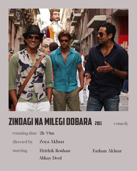 Znmd Aesthetic Poster, Zindagi Nahi Milegi Dobara, Zindagi Na Milegi Dobara Outfits, Bollywood Movies Minimalist Poster, Znmd Quotes Aesthetic, Bollywood Posters Aesthetic, Bollywood Minimalist Poster, Bollywood Comfort Movies, Bollywood Polaroid Poster