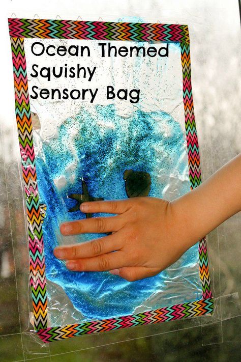 Ocean sensory window made using a squishy gel sensory bag. It's so relaxing! Ocean Sensory, Sensory Activities For Kids, Sensory Bag, Sensory Bags, Ocean Unit, Ocean Activities, Sensory Art, Under The Sea Theme, Thematic Units