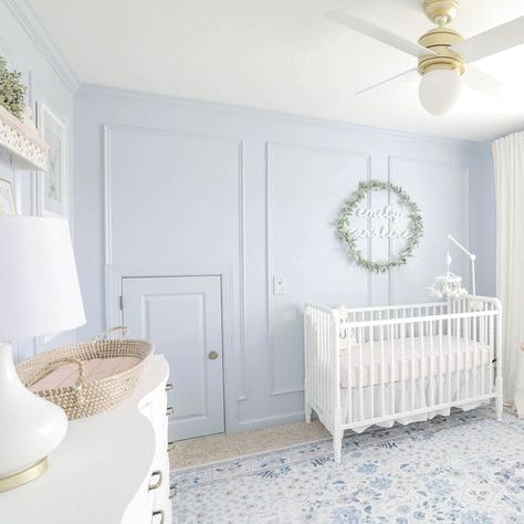 #babygirlroom #ikeanursery #babyboyroom Calming Nursery Colors, Blue Nursery Girl, Blue Nursery Ideas, Light Blue Nursery, Baby Blue Nursery, Calm Nursery, Frame Molding, Nursery Room Design, Girl Nursery Room