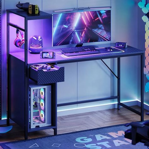 Amazon.com: Bestier Gaming Desk with Drawer and LED Lights, 48 inch Computer Desk PC Table with Adjustable Storage Shelves and Hook for Home Office and Small Spaces, Carbon Fiber Black : Home & Kitchen Cheap Gaming Setup, Gaming Desk With Shelves, Guys Desk, Gaming Desk With Drawers, Gaming Desk With Storage, Computer Shelf, Portable Heating Pad, Startup Office, Adjustable Computer Desk