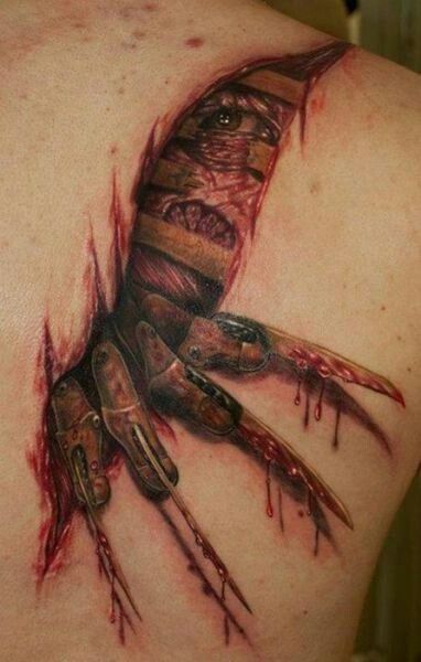 Freddy Freddy Krueger Tattoo, Rose Tattoo Black, Ripped Skin Tattoo, Tato 3d, Tatoo 3d, Backpiece Tattoo, Horror Movie Tattoos, Horror Tattoos, Movie Tattoos