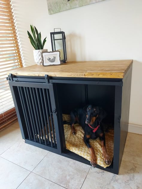 Indoor Dog Crate Furniture, Unique Dog Crates, Homemade Dog Crates, Dog Room Divider, Wooden Dog Projects, Pets Home Ideas, Creative Dog Crate Ideas, Dog Creates Furniture, Dog Crate Furniture Large