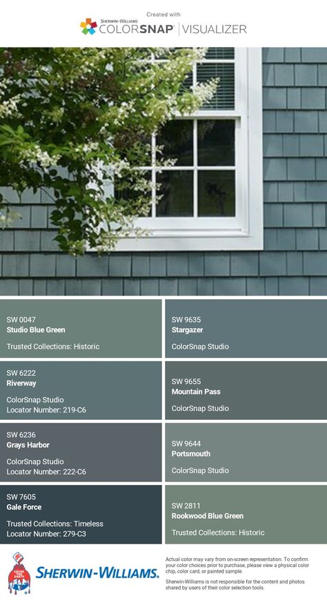 I just created this color palette with the Sherwin-Williams ColorSnap® Visualizer app on my Android phone. What do you think? You can learn more about ColorSnap Visualizer and get it on your phone free by visiting https://www.sherwin-williams.com/content/colorsnap.html. Blue And Green House Exterior, Blue Green Exterior Paint Colors, Blue Green House Exterior, Blue Green Exterior House Colors, Grey Blue Exterior House Colors, Bungalow Exterior Makeover, Outdoor House Paint Colors, Blue Exterior House Colors, Paint 2024