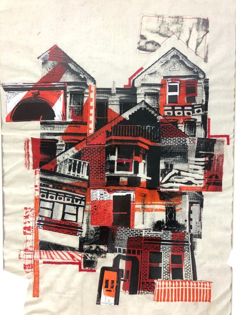 This piece is a large collage, the base is a screen print of a collaged composition of houses focussing on residential middle class housing, I then worked on top of it by collaging different lino prints and screen prints, also of similar architecture. The collage was attached together using only sewing Ks3 Architecture Project, Lino Print Collage, Lino Print Buildings, Architecture Lino Prints, House Collage Art, Architecture Collage Abstract, Mixed Media Architecture, Architecture Printmaking, Building Collage