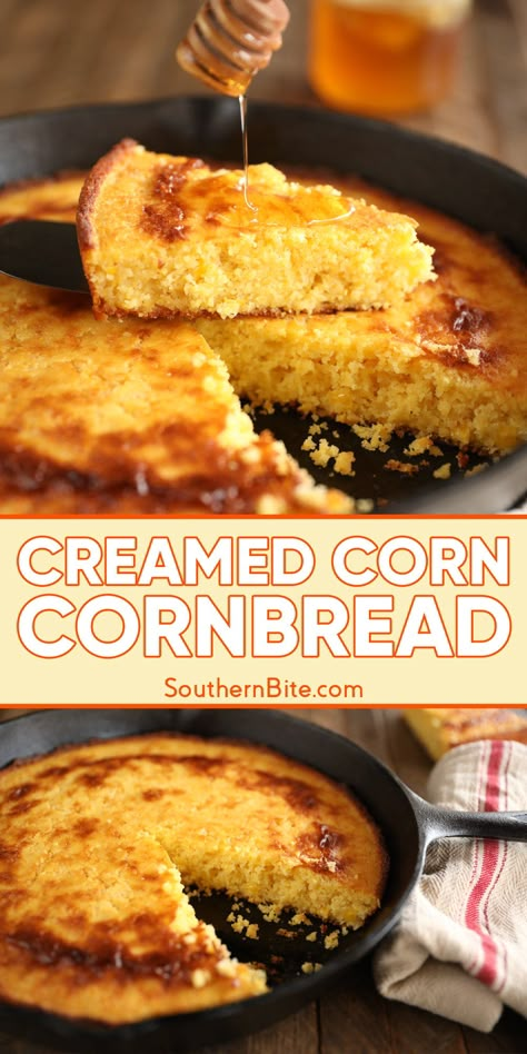 This Creamed Corn Cornbread recipe combines 6 simple ingredients to make a sweet, moist cornbread packed with cream-style corn for extra flavor. Dense Cornbread Recipe, Cream Corn Cornbread Recipe, Pioneer Woman Cornbread, Cornbread Ideas, Cornbread With Creamed Corn, Corn Cornbread, Creamed Corn Cornbread, Cornbread With Corn, Moist Cornbread