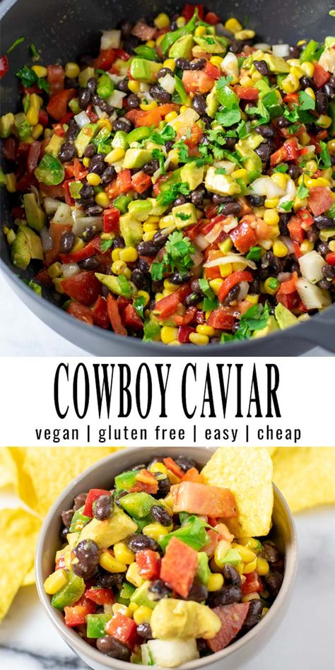 This Cowboy Caviar comes together in around 10 minutes and is made with black beans, corn, tomatoes, cilantro, bell pepper. All covered in a tasty homemade sauce. Great with tortilla chips and a family favorite with big flavor. #vegan #dairyfree #vegetarian #dinner #lunch #mealprep #budgetmeals #cowboycaviar #texascaviar #contentednesscooking Super Bowl Mexican Food Ideas, Gluten Free Cowboy Caviar, Easy Vegan Appetizers Simple, Cowboy Caviar Vegan, Gf Df Potluck Ideas, Easy Vegetarian Potluck Dishes, Meatless Party Food, Dairy Free Party Appetizers, Vegan Football Party Food