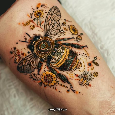 Bff Bee Tattoos, Tattoo Ideas Bees And Flowers, Honeycomb Tattoo Thigh, Bumblebee Hand Tattoo, Orchid And Bee Tattoo, Bee Hand Tattoo For Women, Bee Rose Tattoo, Front Of Calf Tattoos For Women, Honeybee Tattoo Design