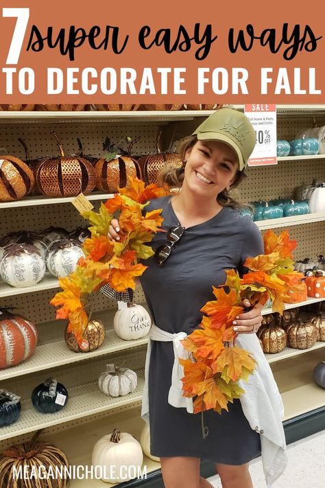 OMG! I love these ideas of adding small fall touches to my neutral decor. It's not too cheesy. I can't wait to decorate for fall now! Simple Fall Mantle Decor Farmhouse, Diy Fall Entryway Decor, Fall Garland Above Kitchen Cabinets, Fall Decor Ideas For Small Porch, How To Decorate For Fall And Halloween, Hobby Lobby Fall Mantle Decor, Decorate Mantle For Fall, Small Fall Wreath, Dollar Tree Fall Porch Decor