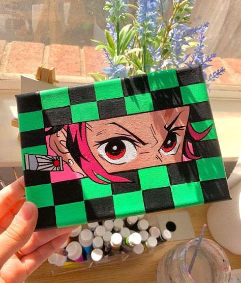 Hand-painted canvas of Tanjiro! - 5 In X 7 In Stretched Canvas - Varnished for long-lasting use - Easily Hangable Drawing Canvas Aesthetic, Painting Of Anime, Painting On Hand Aesthetic, Aesthetic Painting On Wall, Small Anime Canvas Art, Painting Anime On Canvas, Room Canvas Painting, Aesthetic Anime Painting, Pop Out Art