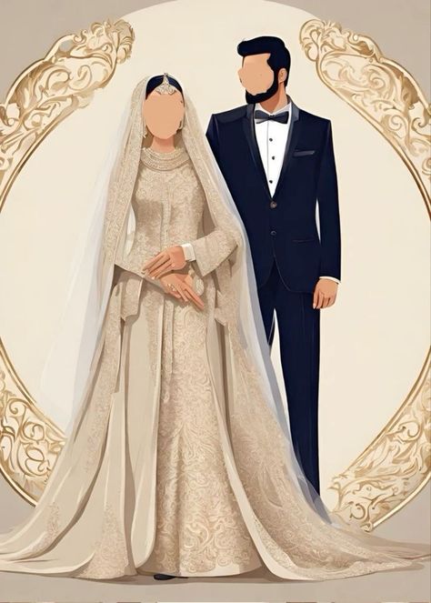 Bride Cartoon Art, Muslim Wedding Couple Illustration, Muslim Couple Illustration Wedding, Indian Bride And Groom Illustration, Bride And Groom Indian Wedding Outfit, Muslim Couple Illustration, Bride Groom Illustration, Pakistani Bride And Groom, Bride And Groom Illustration