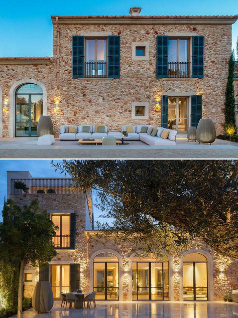 Contemporary Stone House, Mediterranean Stone House, Mallorcan Villa, Mediterranean Villa Exterior, House Mallorca, House In Spain, Tuscany House, Stone Villa, Greece House