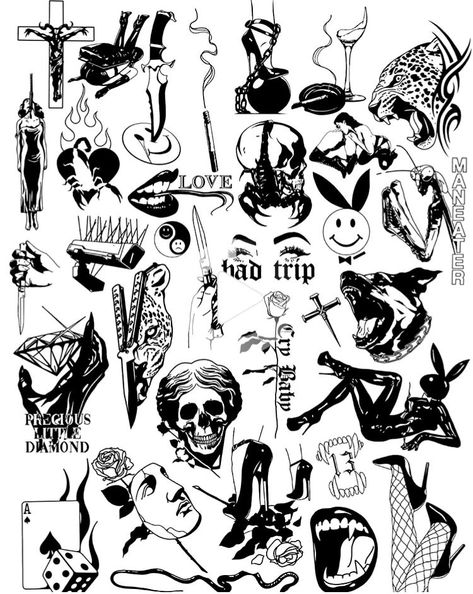 Tattoo Old School, Flash Tattoo Designs, Tattoo Flash Sheet, Creepy Tattoos, Doodle Tattoo, Old School Tattoo Designs, Tattoo Art Drawings, Dark Tattoo, Black Work