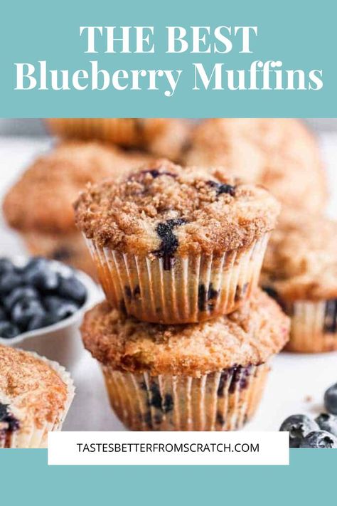 An image of freshly baked Blueberry Muffins. Perfect for Mother's Day brunch or an easy breakfast option. Frozen Blueberry Muffins, Homemade Blueberry Muffin Recipe, The Best Blueberry Muffins, Bakery Style Blueberry Muffins, Blueberry Muffins Recipe, Homemade Blueberry Muffins, Best Blueberry Muffins, Moist Muffins, Coffee Cake Muffins