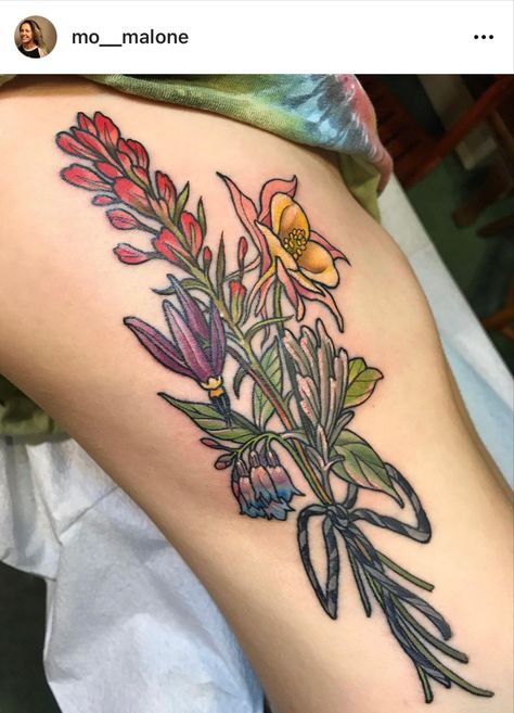 #colorado #flowertattoo #coloradowildflowers #bouquet Wyoming Wildflowers Tattoo, Colorado Wildflowers Tattoo, Texas Wildflower Tattoo, Colorado Tattoo Ideas, Shoulders Tattoo, Shoulder Sleeve Tattoo, Nature Sleeve, Tattoo Kids, Colorado Tattoo