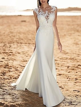 Weddings & Events Illusion Neckline Wedding Dress With Sleeves, Illusion Boat Neck Wedding Dress, No Train Wedding Dress Simple Classy, Second Wedding Dress Over 50 Older Bride, Ladybird Wedding Dress, Beach Wedding Dress Bride, Unique Wedding Dresses 2025, Wedding Dress Thick Straps, Elegant Wedding Dress Mermaid