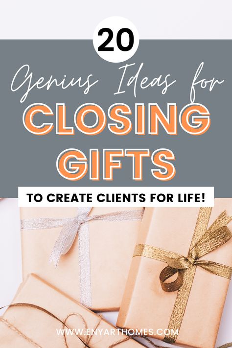 Want to show your gratitude to your clients, but not sure how much to spend or what to buy them? This post breaks down a good idea of how much to spend and 20 creative closing gift ideas for buyers that they will love. Showing your appreciation with a closing gift is a great way to create clients for life. #realtortips #closinggifts #realtorlife #closingday Realtor Gift Ideas For Clients, Real Estate Thank You Gifts, Realtor Closing Gifts For Clients Diy, Closing Day Gift Ideas, Realtor Gifts For Clients New Homes, Closing Gift Ideas For Buyers, Seller Closing Gift Real Estates, Home Closing Gifts, House Closing Day Outfit