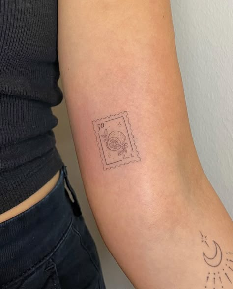 Wildflower Stamp Tattoo, Italian Postage Stamp Tattoo, Subtle Relationship Tattoos, Florence Tattoo Ideas, Vienna Stamp Tattoo, Small Postage Stamp Tattoo, Fineline Stamp Tattoo, Lemon Postage Stamp Tattoo, Dainty Stamp Tattoo