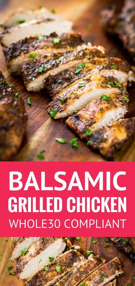 Juicy Balsamic Grilled Chicken -- this balsamic grilled chicken recipe makes the most juicy and succulent boneless skinless breasts EVER with just 4 ingredients and 30 minutes of marinating time! And it's Whole30 compliant... | balsamic grilled chicken ma Chicken Marinade Healthy, Balsamic Chicken Marinades, Healthy Chicken Marinade, Chicken Whole, Healthy Recipes Crockpot, Grilled Chicken Marinade, Grilled Chicken Recipe, Whole30 Chicken, Recipes Potato