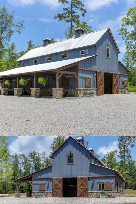 Metal Barn Colors Scheme Exterior, Blue Barndominium Exterior, Barn Colors Scheme Exterior, Horse Barn Exterior, Barn Exterior Ideas, Luxury Horse Barns, Dream Barn Stables, Rv Port, Small Horse Barns