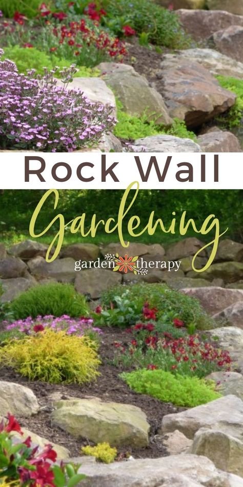 Outcropping Stones In Landscape, Rock Garden On A Slope Ideas, Rock Walls Landscaping, Rock Wall Plants, Rock Garden On Slope, Rock Slope Landscaping, Stone Wall Planting, Rock Wall Garden Bed, Hillside Rock Garden