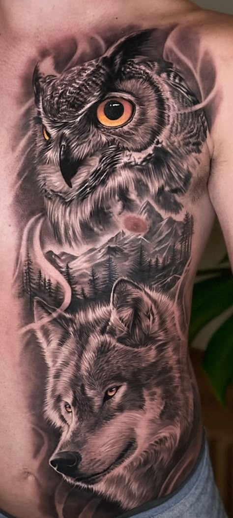 Leg Piece Tattoo Mens, Nordic Owl Tattoo, Owl Tatoos Men, Owl And Fox Tattoo, Owl Chest Tattoo Men, Owl Wolf Tattoo, Owl And Wolf Tattoo, Realistic Owl Tattoo Design, Snow Owl Tattoo