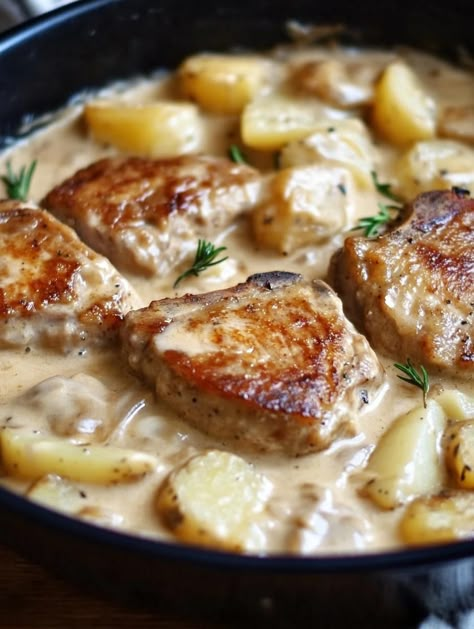 Creamy Pork Chops and Potatoes 2 Creamy Pork Chops And Potatoes, Pork Tenderloin Chops, Pork Chop Side Dishes, Cooking Pork Loin, Creamy Pork Chops, Pork Chop Casserole Recipes, Whats For Supper, Pork Chop Dishes, Pumpkin Bundt