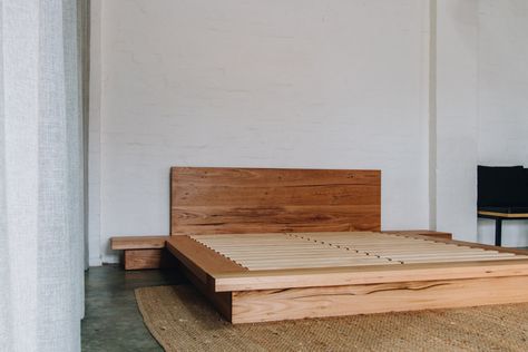 Ledge Bed — Al + Imo | Custom Timber Furniture & DIY Australia Low Bed Frame Diy, Live Edge Headboard, Timber Bed Frames, Low Profile Bed Frame, Low Platform Bed, Low Bed Frame, Timber Beds, Low Profile Bed, Outdoor Stair Lighting