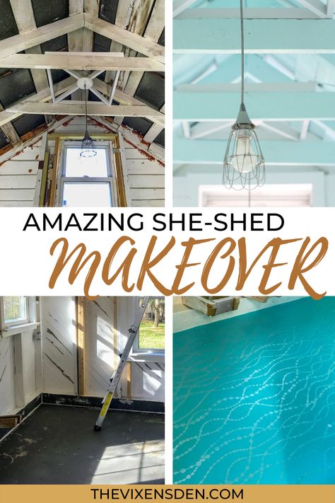 Outdoor Shed Makeover Interior, Paint Shed Floor, Painting Metal Shed, Shed Ideas Inside, Shed Makeover Interior, Shed Paint Colours, She Shed Makeover, Metal Roof Coating, Painted Cement Floors