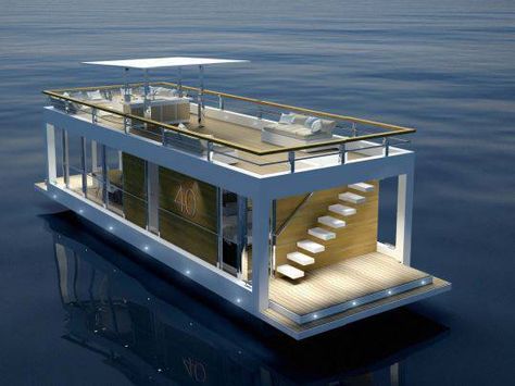 Houseboat The Yacht House 40 Pontoon Houseboat, Fishing Trawler, Kolam Air, Houseboat Living, Floating Architecture, Tiny House Movement, Floating House, Houseboat, Pontoon Boat