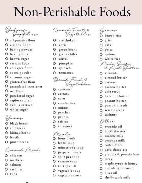 If you're looking for ideas on what to stock your pantry with, we've got you covered! We've created an extensive list of non-perishable foods so you always have healthy options on hand. Includes printable shopping list! #nonperishable #pantry #shoppinglist Seasoning To Have On Hand, Things To Always Have In Your Pantry, Preppers Pantry Stockpile List, List Of Seasonings, Stock Pile Food List, Prepper Food List, Pantry Stock Up List, Non Perishable Foods List, Prepper Pantry List