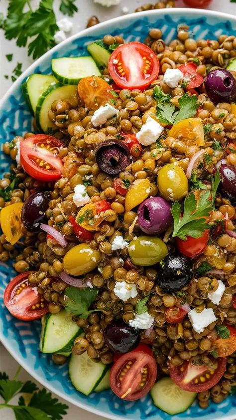 Mediterranean Lentil Salad - Fresh & Healthy Recipe High Fiber Mediterranean Diet, Mediterranean Diet Recipes Lentils, Bean Salad Mediterranean, Chickpea Olive Salad, Lentil Recipes Mediterranean, Mediterranean Lentil Salad Recipes, Vegan Lentil Salad Recipes, Mediterranean Salad Ideas, Mediterranean Salad Bowl