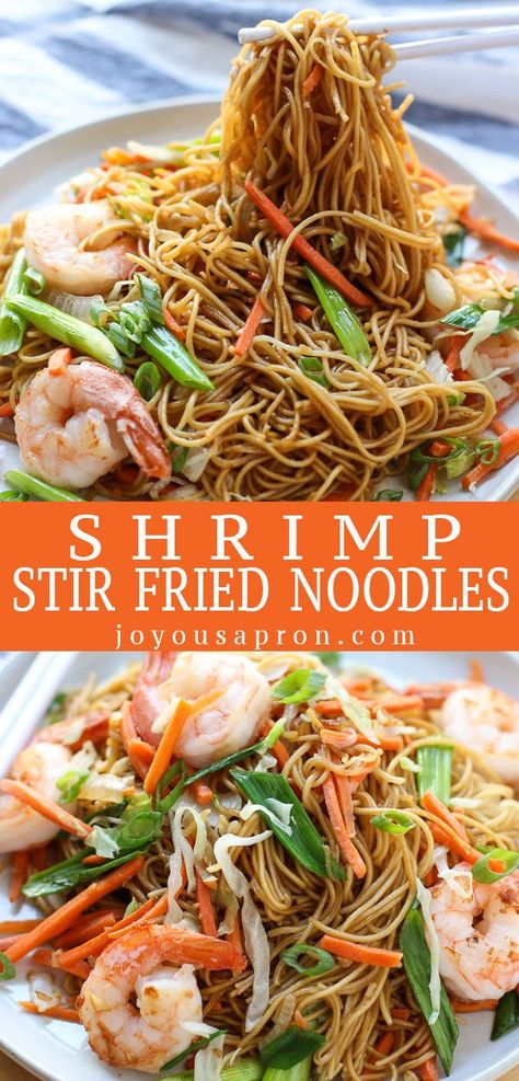 Shrimp Stir Fried Noodles - Your go-to recipe for a great stir fried noodle dish! Stir fried egg noodles tossed it a savory sweet sauce, veggies and succulent shrimp. #joyousapron #noodles #stirfry #asian #recipe Shrimp Noodle Stir Fry, Fried Egg Noodles, Seafood Stir Fry, Noodles Dishes, Joyous Apron, Stir Fry Noodles Recipe, Noodles Shrimp, Shrimp And Veggies, Noodles With Shrimp